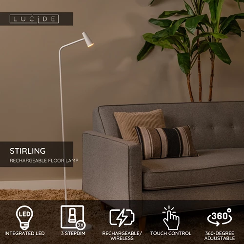 Lucide STIRLING - Rechargeable Floor lamp - Battery pack- LED 3 StepDim - 1x3W 2700K - White - USP